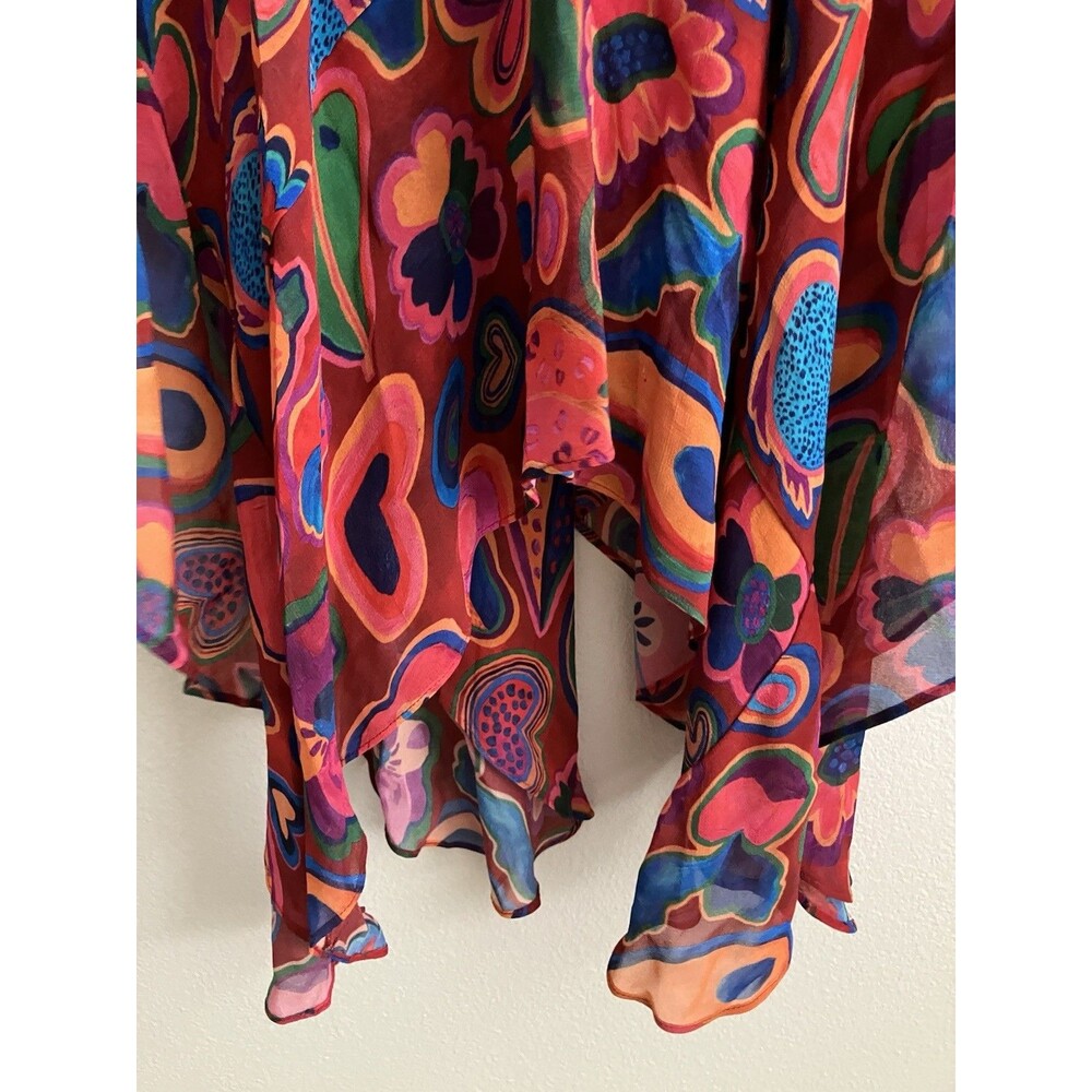 Farm Rio Sheer Midi Dress Asymmetric Hem Colorful Boho Heart Mushroom Large New - Picture 5 of 9